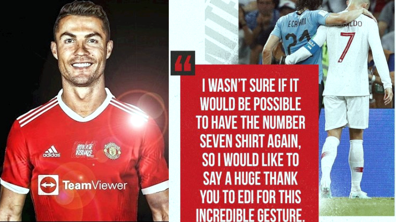 Phản ứng của Ronaldo khi nhận áo số 7 từ Cavani